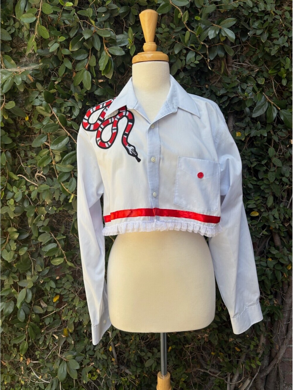 Upcycled cropped men's dress shirt - snake